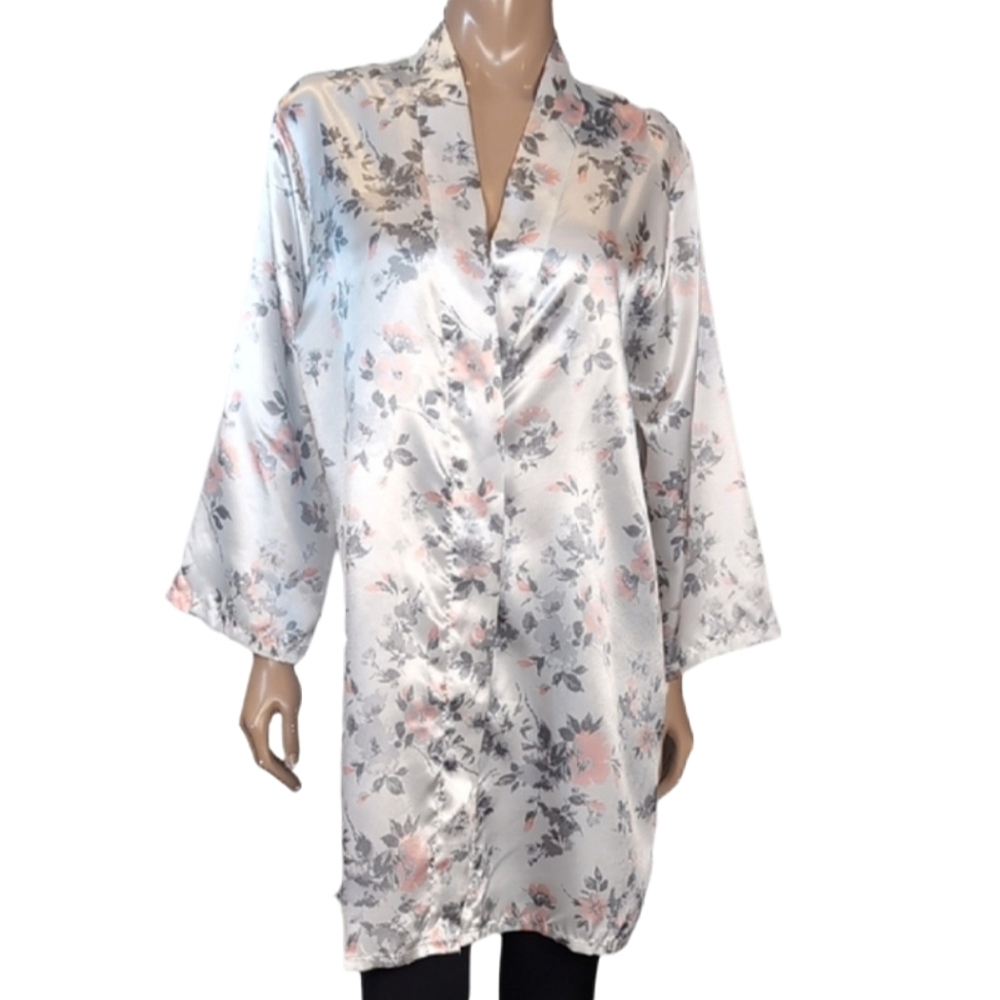 La Vie En Rose Satin Floral Robe Womens Small Medium Grey Purple Sleepwear